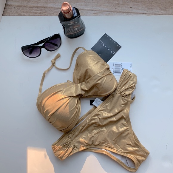 La Blanca Gold Ruched Two Piece Bandeau Bikini Set Halter Tie Wear It 3 Ways ⭐️ - Picture 15 of 16
